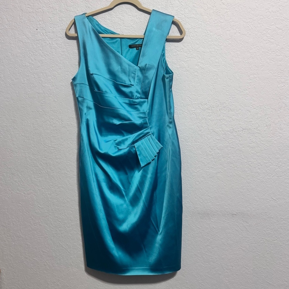 David Meister Pleated Sleeveless Fan Ruffle Lined Cocktail Dress Blue Green